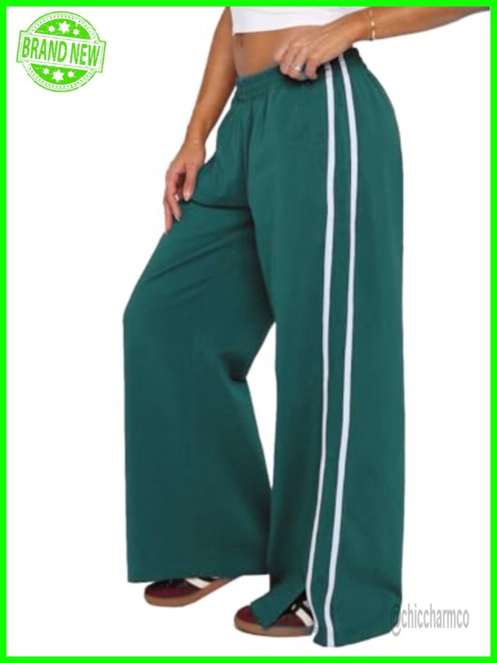 Women's Wide Leg Pants Elasticated Waist Pockets Stripe Split Hem